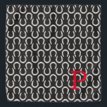 Bandana Cheval Noir Initial Cheval Equestrian Cowboy<br><div class="desc">Motif en fer à cheval en blanc sur arrière - plan noir avec INITIAL personnalisé en rouge. Facile à personnaliser le texte, la couleur du texte, la police. Grand Bandana pour TOUT amateur de cheval, cowboy, équipe de grange, équestre, foulard, spectacle de chevaux souvenir, mémorial de cheval, fête de l'événement....</div>