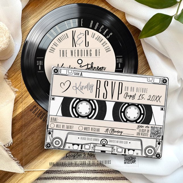 Bande de cassette Faire-part de mariage ivoire RSV (Unique retro black and ivory vinyl record music vintage cassette tape RSVP card wedding invitation)