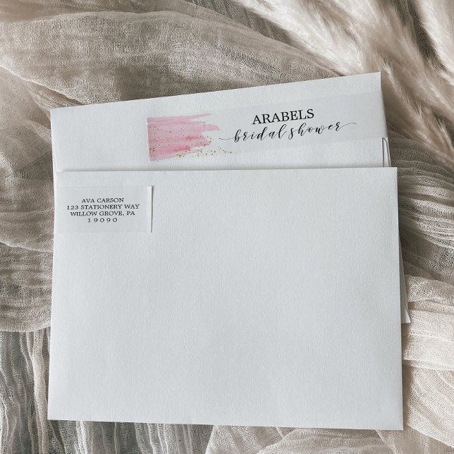 Bande Pour Adresse De Retour Aquarelle rose Blush et Fête des mariées étincelan (Créateur téléchargé)