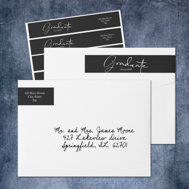 Bande Pour Adresse De Retour Diplômé noir (Black Graduate Wrap Around Return Address Labels)