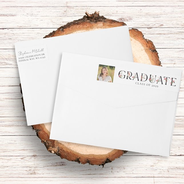 Bande Pour Adresse De Retour Élégant Fleur sauvage Photo Graduation Adresse de  (Elegant Wildflower Photo Graduation Return Address Wrap Around Label)