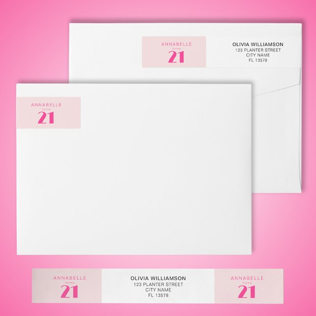 Bande Pour Adresse De Retour Fête d'anniversaire moderne 21e Vingt et une rose (Modern pink wrap around return address labels for modern pink girls 21st twenty one birthday)