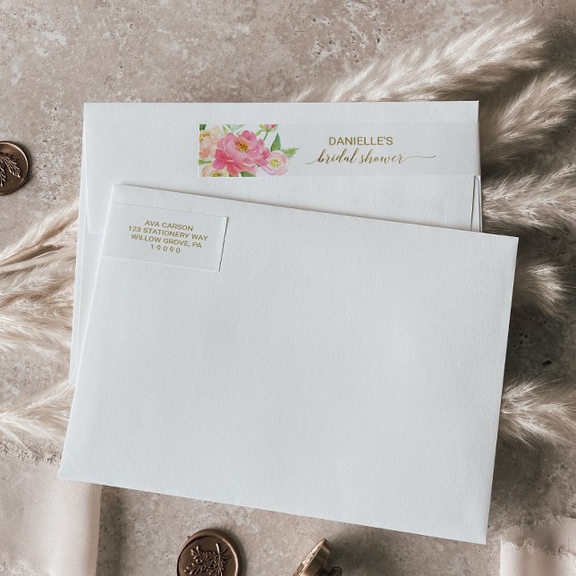 Bande Pour Adresse De Retour Fête de Mariage Fleurs de Pêche et Pivoines Roses (Créateur téléchargé)