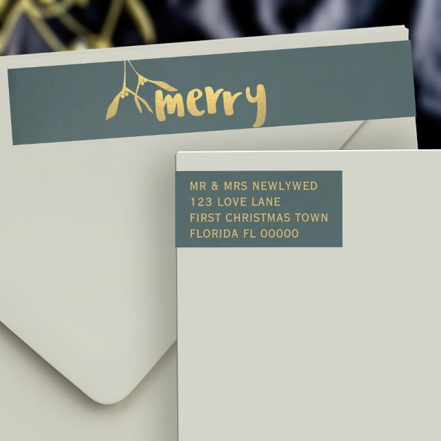 Bande Pour Adresse De Retour Gold Merry Mistletoe Noël Adresse de vacances (A festive green and gold merry mistletoe wrap around label with space for your address)