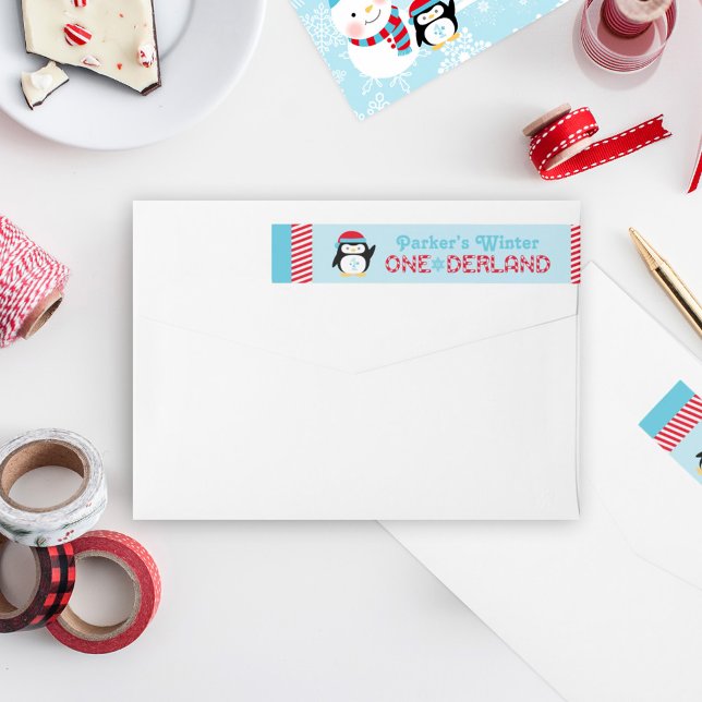 Bande Pour Adresse De Retour Hiver ONE derland Anniversaire Penguin Bleu et Rou (Créateur téléchargé)