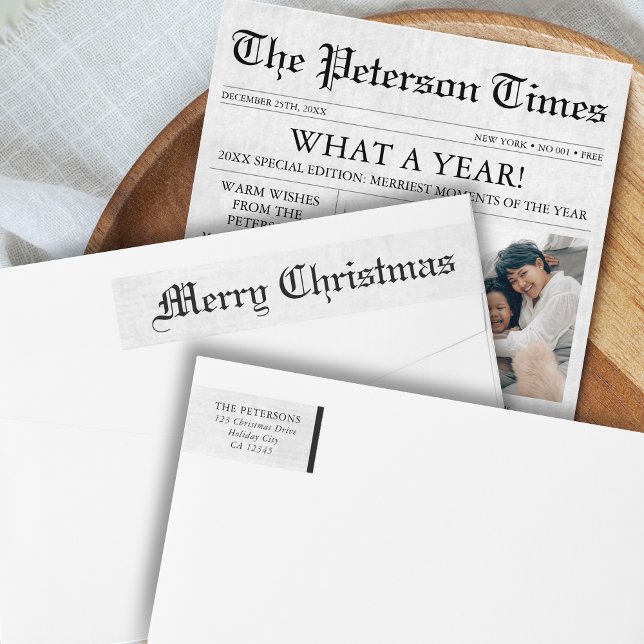Bande Pour Adresse De Retour Journal unique Noël noir et blanc (Newspaper Christmas Return Address Label)