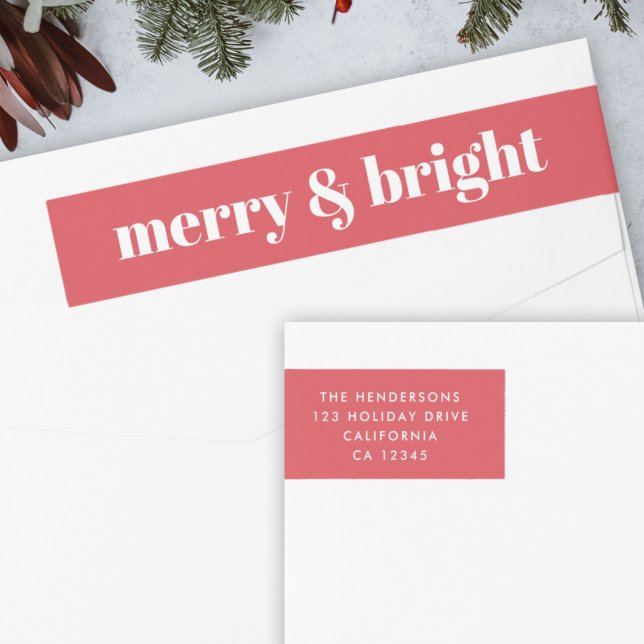 Bande Pour Adresse De Retour Joyeux et lumineux | Moderne Noël Rouge brillant (“Merry & Bright” envelope wrap address label by Guava for your festive mail)