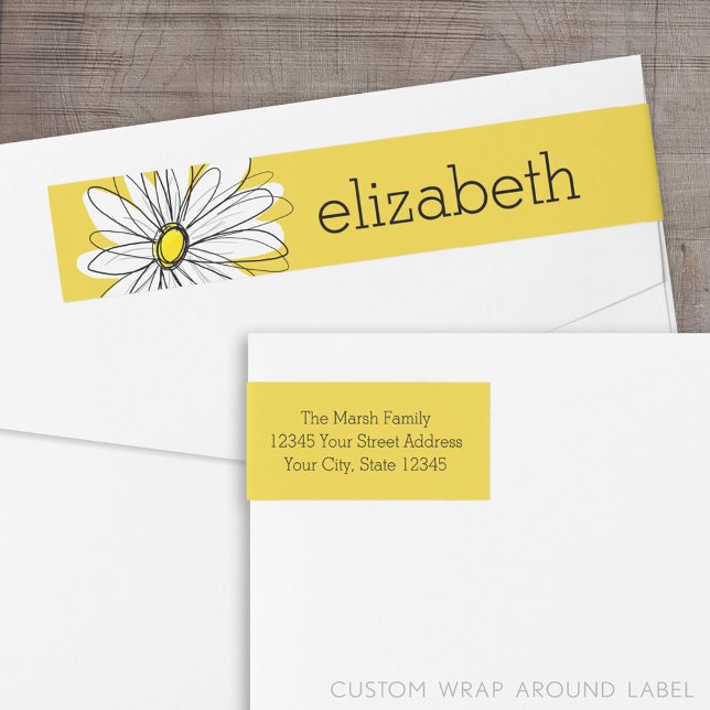 Bande Pour Adresse De Retour Marguerite lunaire jaune et blanc avec texte perso (Custom Return Address Label with Wrap Around Feature)