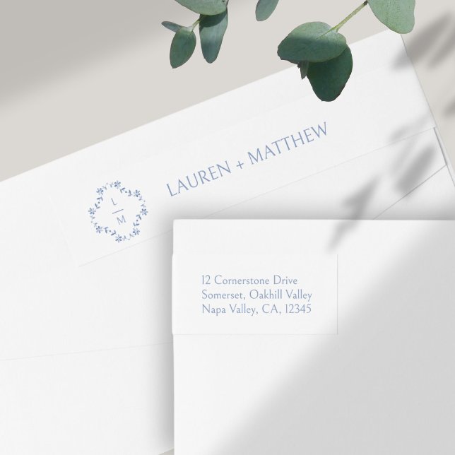 Bande Pour Adresse De Retour Mariage de monogramme floral blanc et bleu (Créateur téléchargé)
