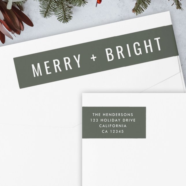 Bande Pour Adresse De Retour Merry and Bright | Stylish Dark Green (Modern forest green “Merry + Bright” wrap label by Guava for festive mail)