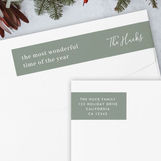 Bande Pour Adresse De Retour Minimal Forest Green Scandi Adresse de retour (Modern wrap label by Guava with “Most Wonderful Time of the Year” holiday message)