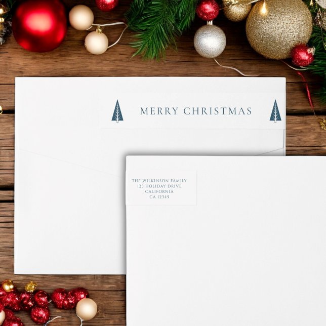 Bande Pour Adresse De Retour Noël festif personnalisé (christmas wrap around mail label , with a blue tree and text saying merry christmas )