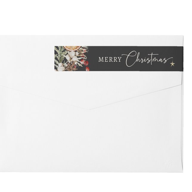 Bande Pour Adresse De Retour Noël noir (Black Boho Botanical Merry Christmas Wrap Around Label
)