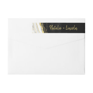 Bande Pour Adresse De Retour Noir Blanc et or Géode Agate Monogramme Mariage