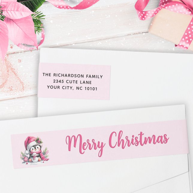 Bande Pour Adresse De Retour Pink Joyeux Noël mignonne Penguin Adresse (Créateur téléchargé)