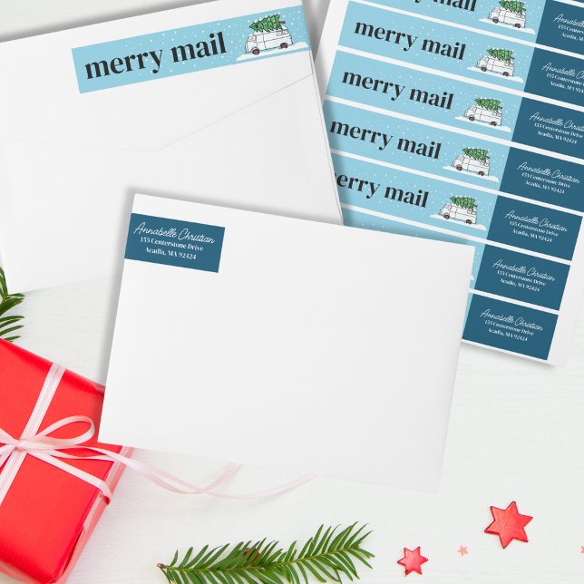 Bande Pour Adresse De Retour Retro Van Merry Mail Noël Arbre Neige hiver (Retro Van Merry Mail Wrap Around Christmas Labels)