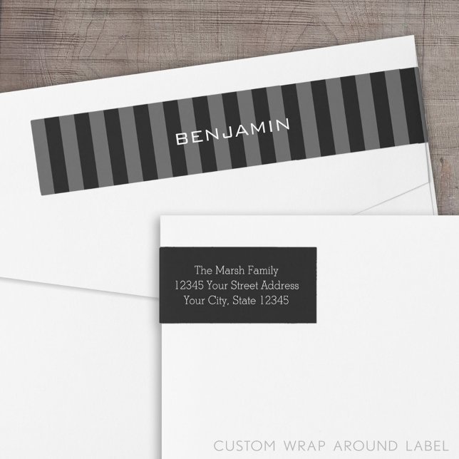 Bande Pour Adresse De Retour Rugby noir et gris avec nom personnalisé (Custom Return Address Label with a Wrap Around Feature)