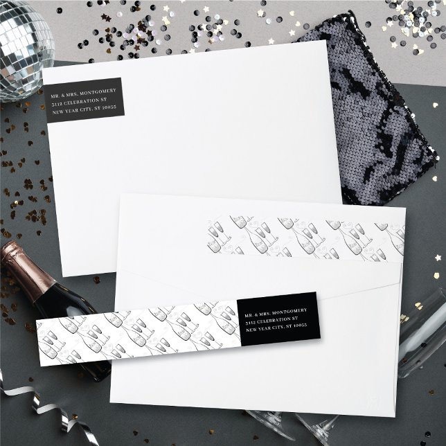 Bande Pour Adresse De Retour Silver Champagne Cheers Élégante Adresse du Nouvel (Silver Champagne Cheers Stylish New Year Return Address Wrap Around Label @ fat_fa_tin)