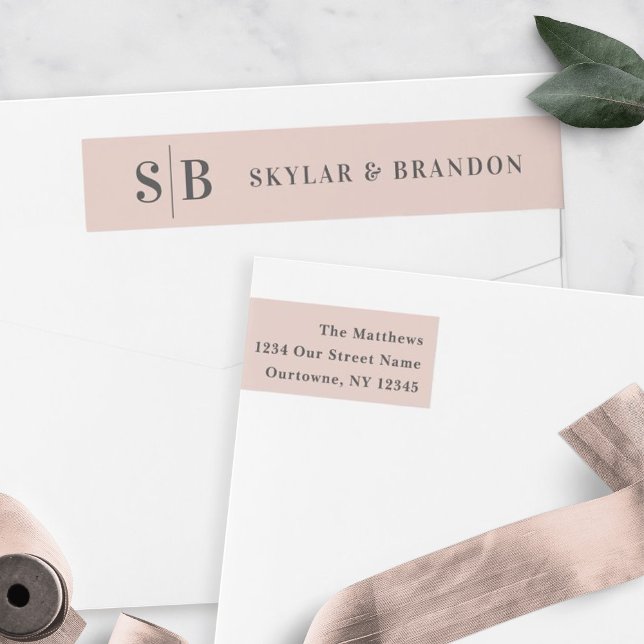 Bande Pour Adresse De Retour Simple Monogramme Mariage Couleur Uni Rose Clair (Créateur téléchargé)