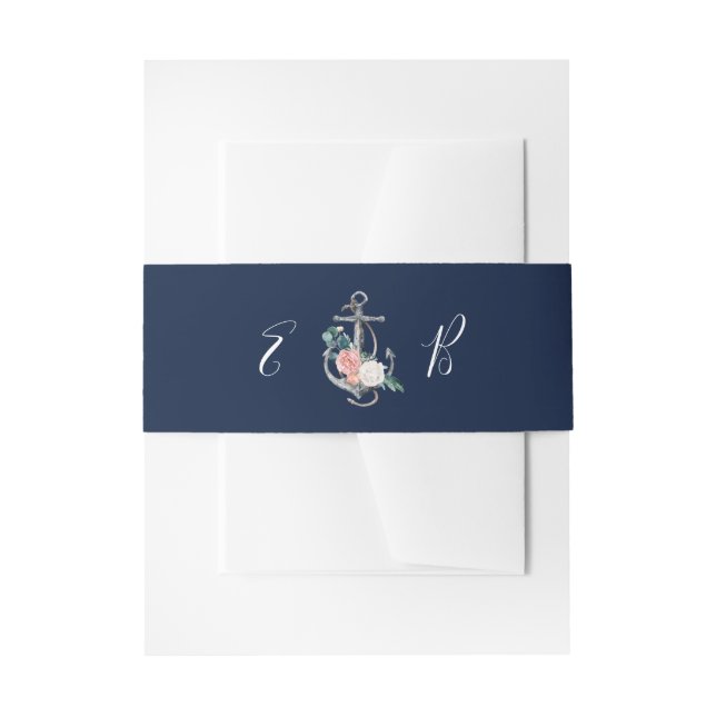Bandeau De Faire-part Ancre florale | Navy Summer Invitation Belly Band (Devant example)