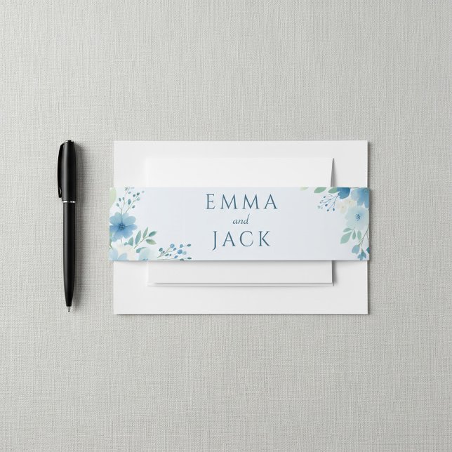 Bandeau De Faire-part Aquarelle bleue Floral élégant mariage botanique (Blue Watercolor Floral elegant botanical wedding Invitation Belly Band.)