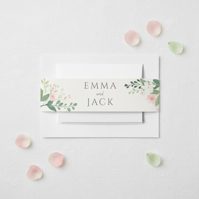 Bandeau De Faire-part Aquarelle botanique floue Verdure et flore (Blush Botanical Watercolor Greenery and Floral Invitation Belly Band.)