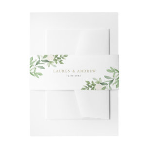 Bandeau De Faire-part Aquarelle vert et fleurs blanches Mariage