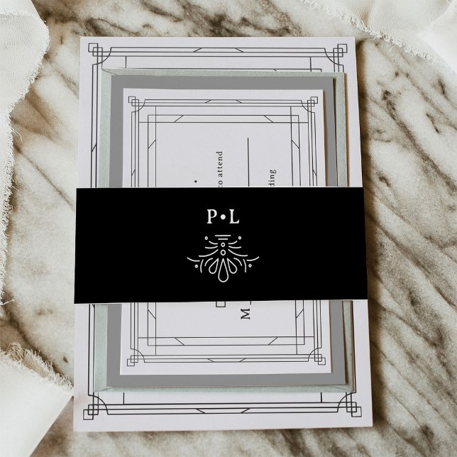 Bandeau De Faire-part Black Modern Deco | Élégant Mariage Monogramme (Créateur téléchargé)