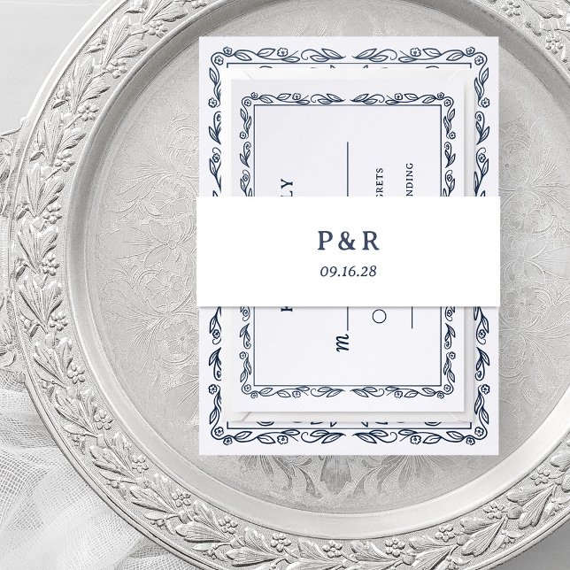 Bandeau De Faire-part Blanc et Bleu de Minuit | Monogramme Simple (Créateur téléchargé)