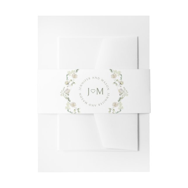 Bandeau De Faire-part Blanc Fleur vert Monogramme Mariage Belly Band (Devant example)