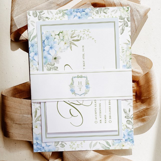 Bandeau De Faire-part Blason de mariage à monogramme Hydrangea bleue (Créateur téléchargé)