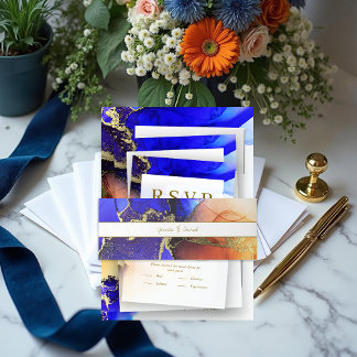 Bandeau De Faire-part Bleu Orange Personnalisé Encre d'alcool Invitation