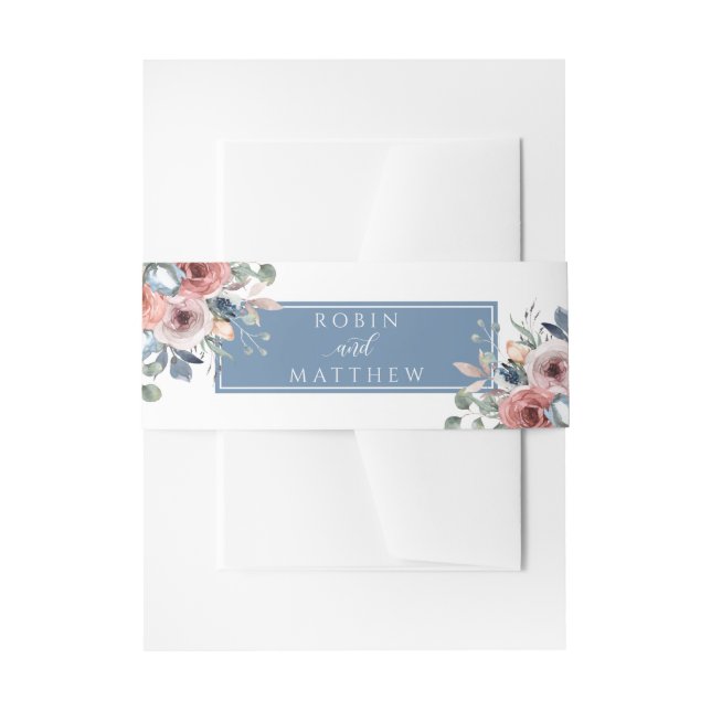 Bandeau De Faire-part Blissant Floral, Blanc et Bleu Dusty, Mariage (Devant example)