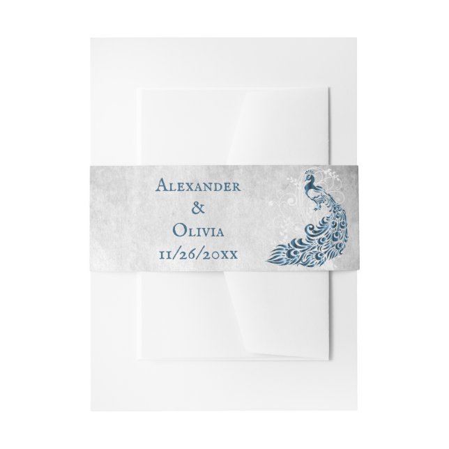 Bandeau De Faire-part Blue Peacock Leaf Vine Invitation Belly Band (Devant example)