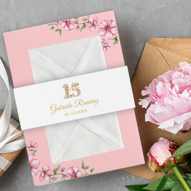 Bandeau De Faire-part Blush Pink Golden Mis Quince Quinceañera (Créateur téléchargé)