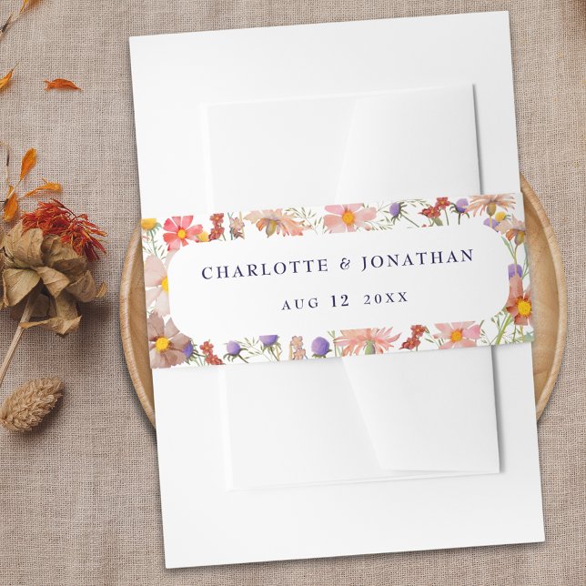 Bandeau De Faire-part Boho Fall Rustique Fleur sauvage Floral Blanc Mari (Boho fall rustic wildflower floral navy blue script white wedding invitation custom belly band)
