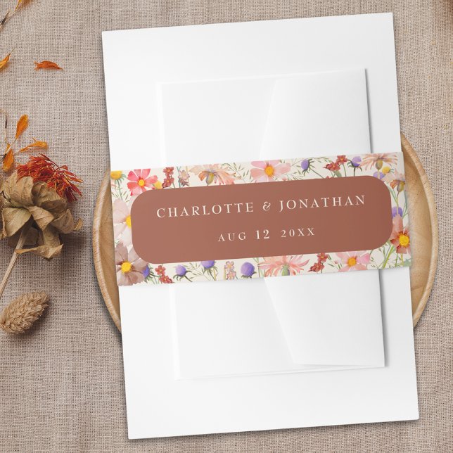 Bandeau De Faire-part Boho Fall Rustique Floral Terracotta Mariage beige (Boho fall rustic wildflower floral burnt orange terracotta & beige wedding invite custom belly band)