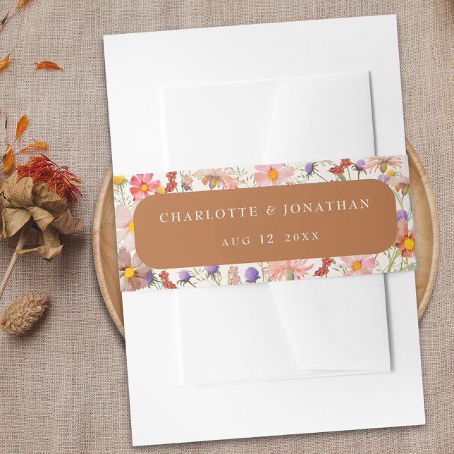 Bandeau De Faire-part Boho Floral Rustic Mariage de automne (Boho fall rustic wildflower floral terracotta brown and beige wedding invitation custom belly bands)