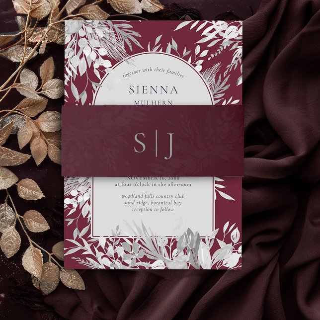 Bandeau De Faire-part Bourgogne Botanique Foliage Monogramme Invitation (Wedding Invitation Belly Band in Burgundy and Grey from the Foliage Duet Collection by Darling & May)