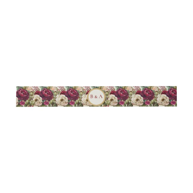 Bandeau De Faire-part Bourgogne Rose Floral Monogram Mariage Belly Band (Plat)