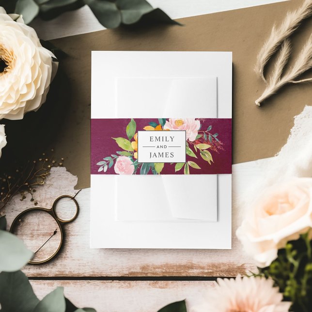 Bandeau De Faire-part Bourgogne Rustique Blush Floral Mariage Monogramme (Créateur téléchargé)