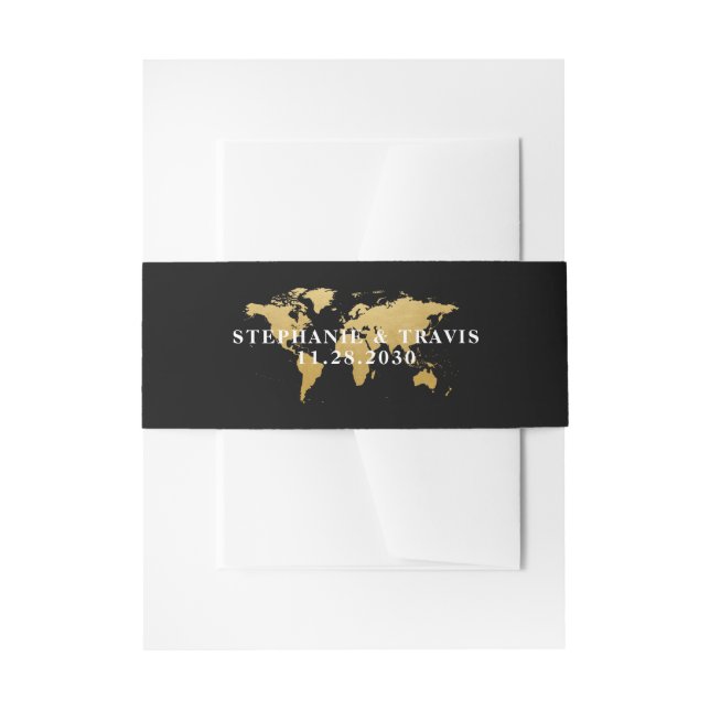 Bandeau De Faire-part Carte du monde Thème Voyage Black and Gold Destina (Devant example)