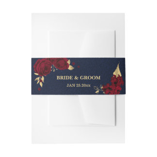 Bandeau De Faire-part chic fleurs bordeaux or feuille marine mariage