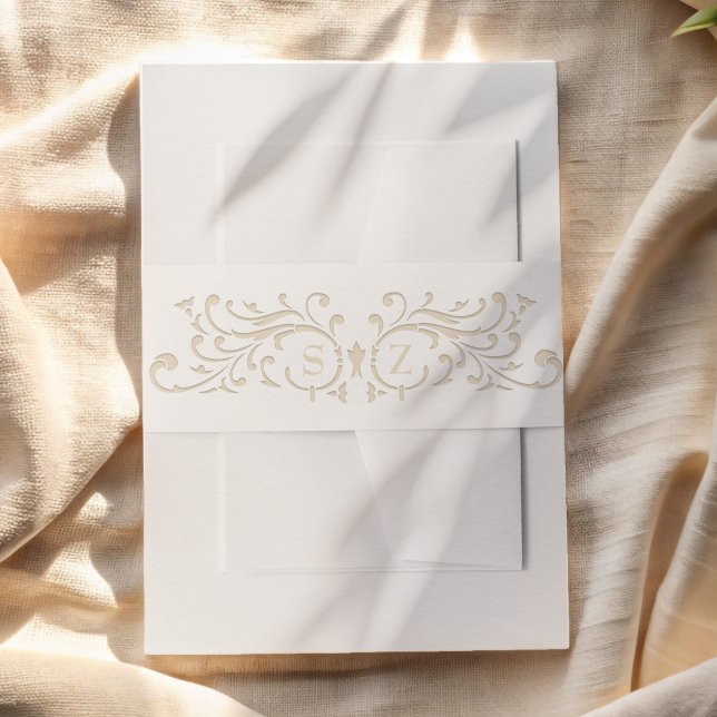 Bandeau De Faire-part Chic Formal Ecru Scrollwork Monogram Wedding (Créateur téléchargé)