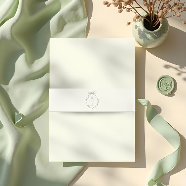 Bandeau De Faire-part Chic Green Hand Draw Bow & Ribbon Monogram Crest (Chic Green Hand Drawn Bow & Ribbon Monogram Crest Invitation Belly Band)
