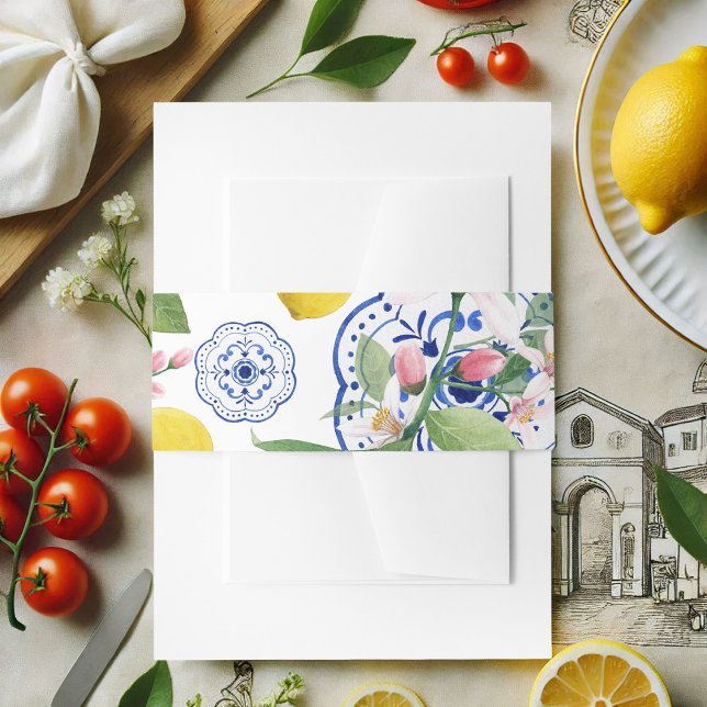 Bandeau De Faire-part Citron en carreaux siciliens Mariage italien (Italian Wedding Sicilian Tile Lemon Invitation Belly Band)