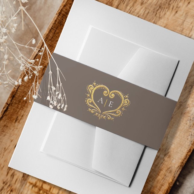 Bandeau De Faire-part Coeur décoratif or monogramme mariage brun (Créateur téléchargé)