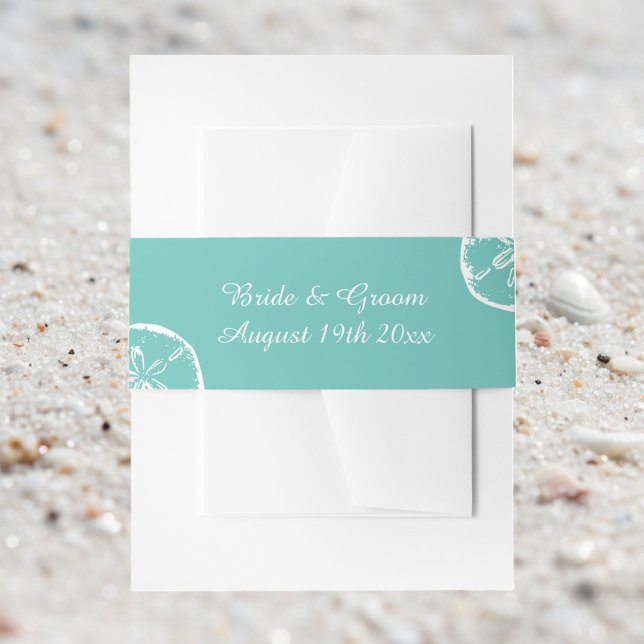 Bandeau De Faire-part Coquille de sable turquoise et blanc mariage plage (beach wedding invitation belly band)