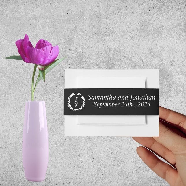 Bandeau De Faire-part Couronne de monogramme blanc sur mariage noir (Créateur téléchargé)