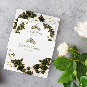 Bandeau De Faire-part Couronne de Quinceañera en émeraude verte et or